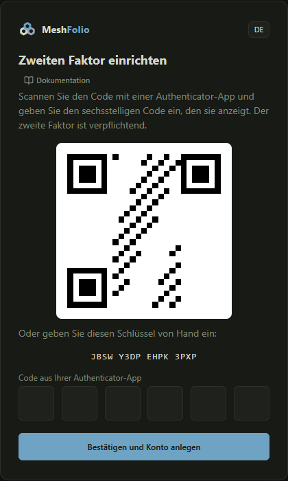 Die Einrichtung mit dem Einrichtungscode zum Scannen und den sechs Feldern für den Code