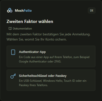 Die Auswahl zwischen Authenticator-App und Sicherheitsschlüssel oder Passkey