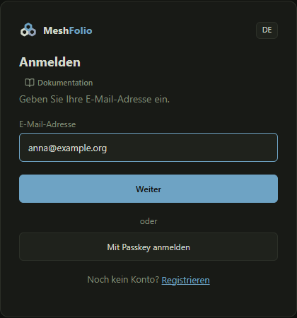 Die Anmeldeseite mit dem Feld für die E-Mail-Adresse