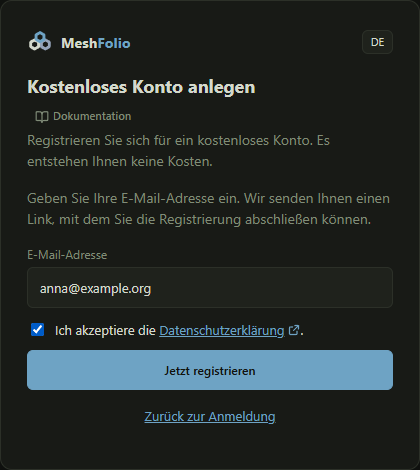 Die Registrierung mit E-Mail-Adresse und Datenschutz-Hinweis