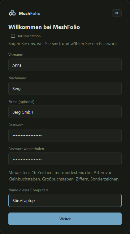 Die Seite „Willkommen bei MeshFolio“ mit Namen, Passwort und Computername