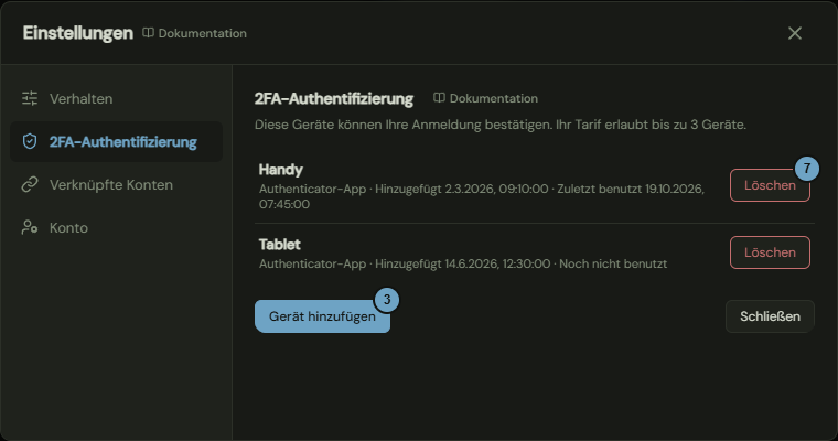 Der Reiter 2FA-Authentifizierung mit den Geräten Handy und Tablet und der Schaltfläche Gerät hinzufügen; die Zahlen nennen die Schritte