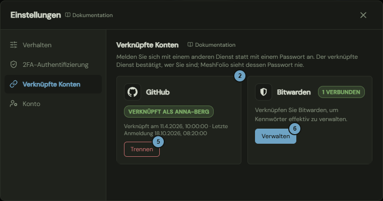 Der Reiter Verknüpfte Konten mit der Karte GitHub und der Karte Bitwarden; die Zahlen nennen die Schritte
