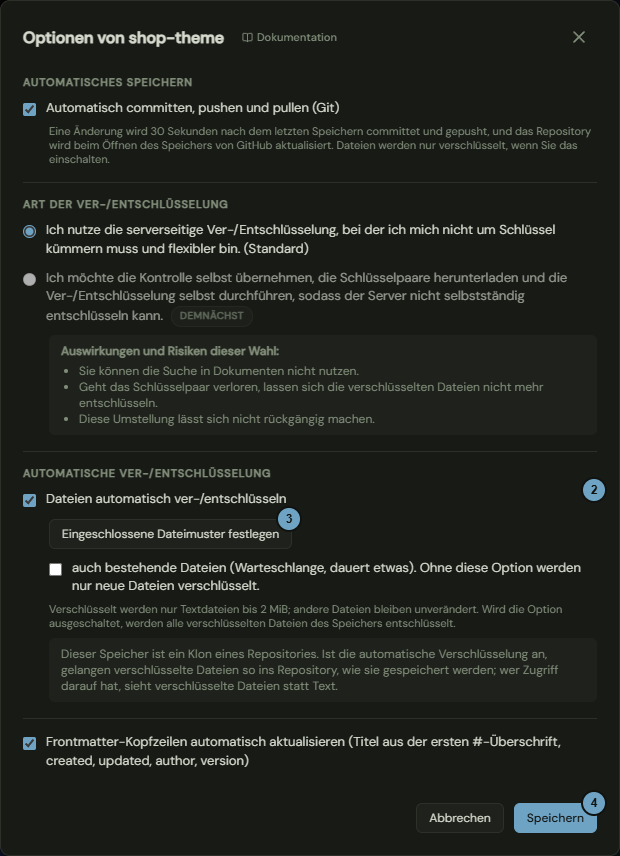 Das Fenster mit den Optionen eines Speichers; die Zahlen nennen die Schritte