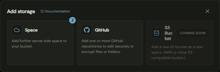 The window with the cards Space, GitHub and S3 Bucket; the numbers name the steps