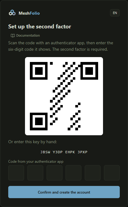 The setup with the code to scan and the six fields for the code