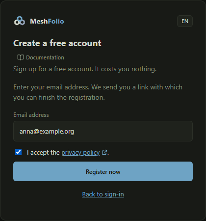 The registration with email address and privacy notice