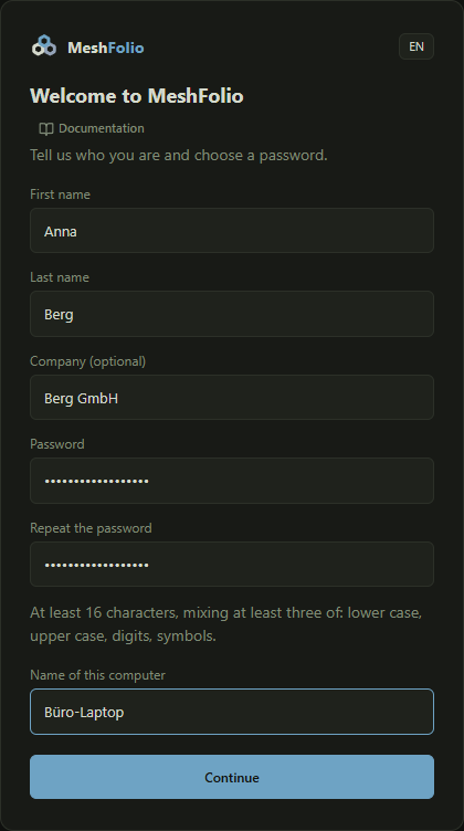 The “Welcome to MeshFolio” page with name, password and computer name