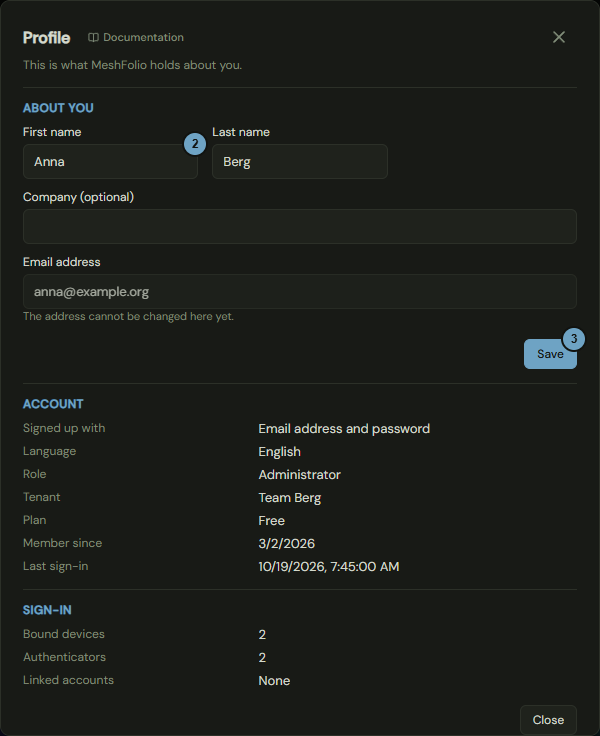 The Profile window with name, company, email address and the details of account and sign-in; the numbers name the steps