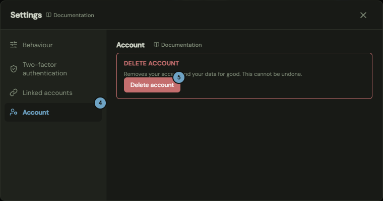 The Account tab with the Delete account zone; the numbers name the steps