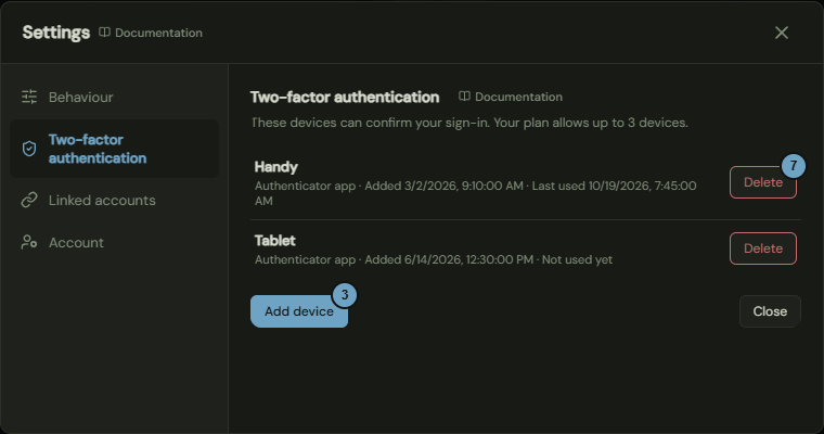 The Two-factor authentication tab with the devices Handy and Tablet and the button Add device; the numbers name the steps