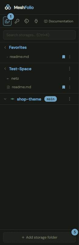The sidebar with the Folders view, the favorites, two storages and the Add storage folder button; the numbers name the steps