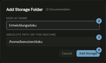 The window with the fields for the display name and the path and the Add Storage button; the numbers name the steps
