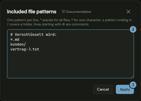 The window with the field for the file patterns and the Apply button; the numbers name the steps